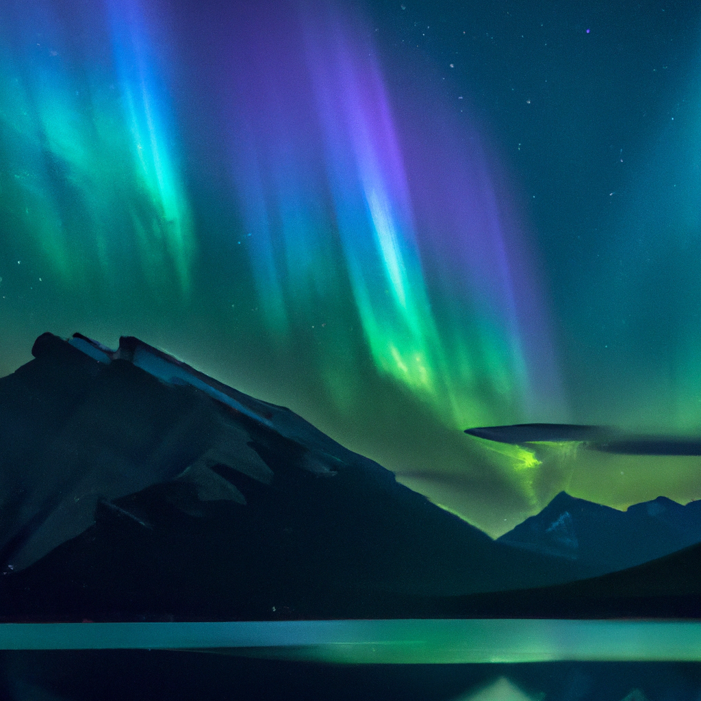 Ethereal aurora borealis over Canadian Rockies with lake reflection