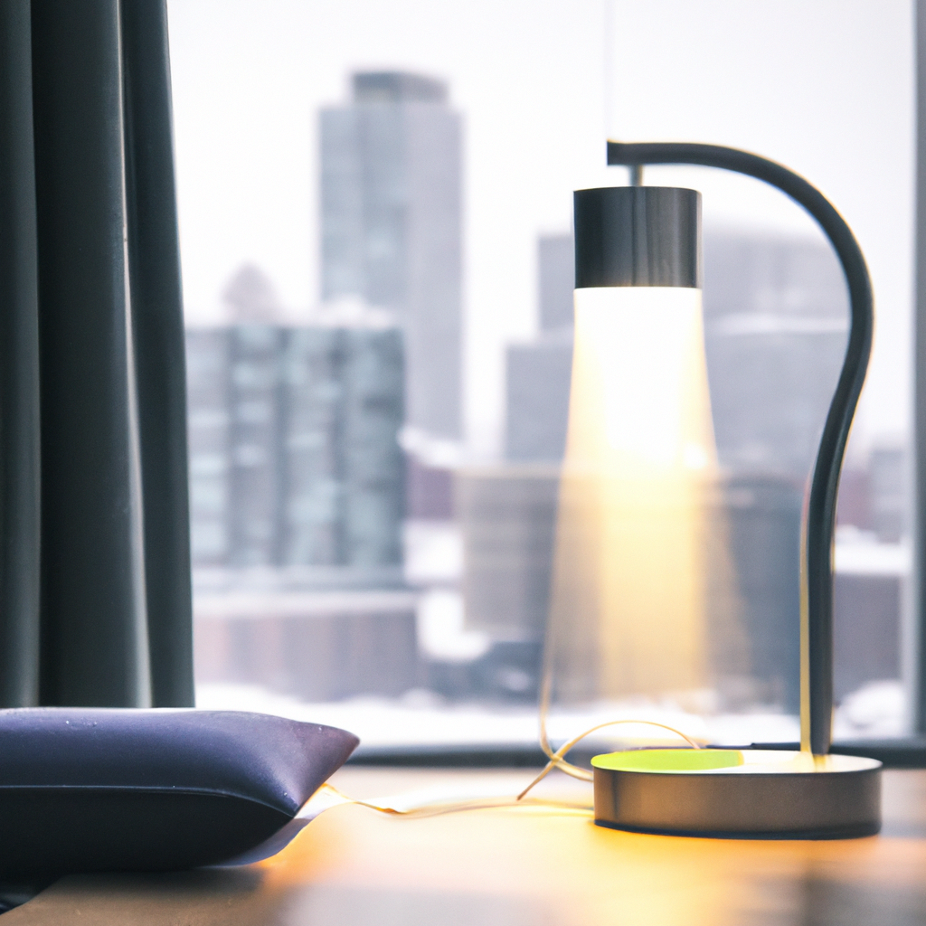 Premium Canadian workspace with smart lighting, wireless charger, and high-fidelity audio on an oak desk with Toronto skyline