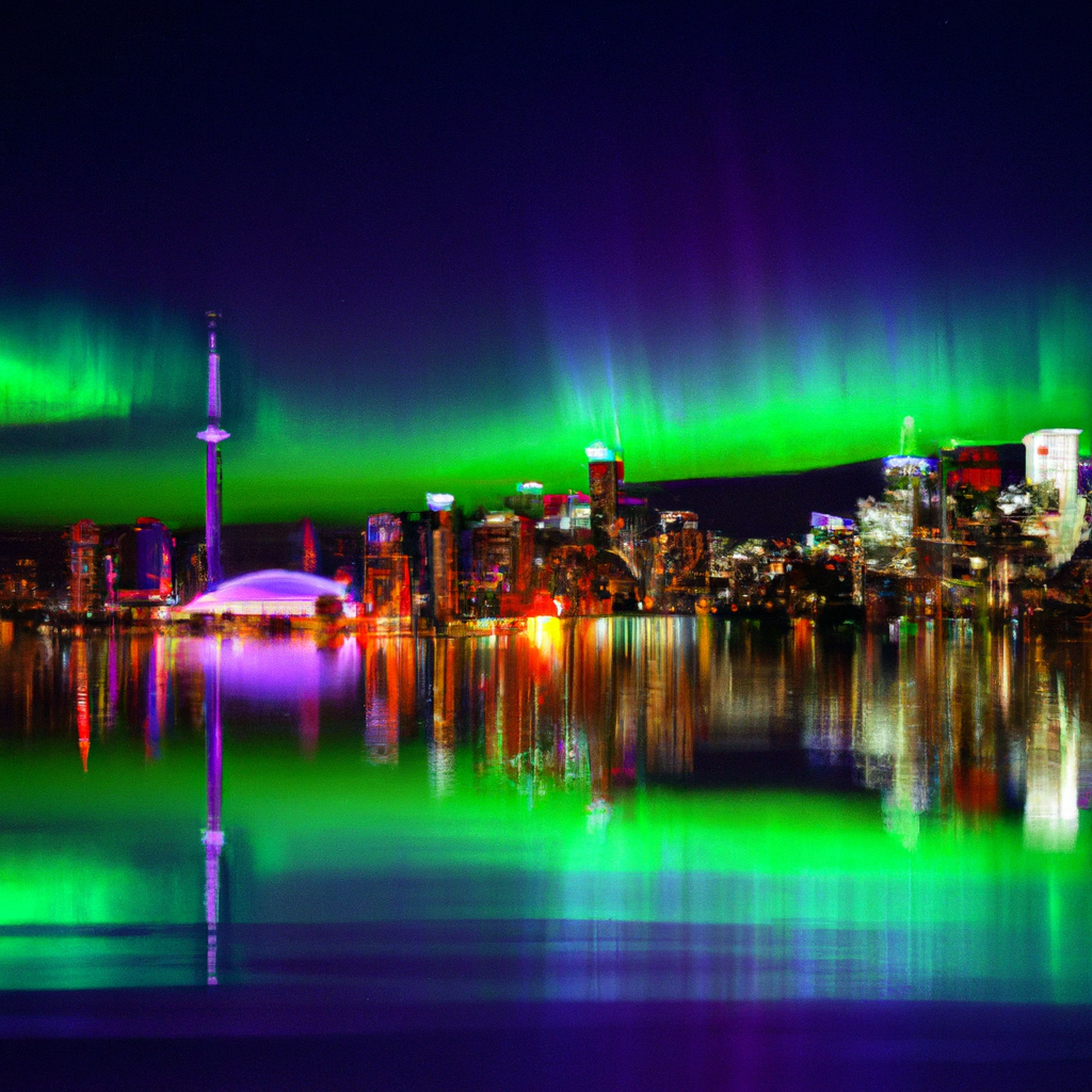 Aurora lights over Toronto skyline with Lake Ontario reflections
