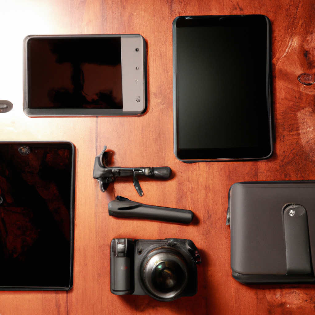 A curated flat-lay of premium Canadian tech devices on a maple wood surface, high detail, soft light